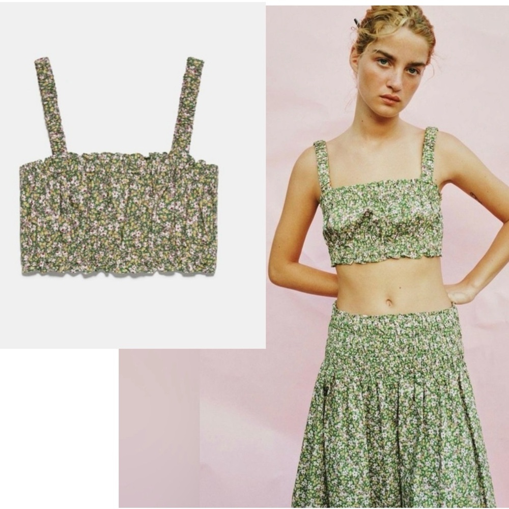 Zara green floral flower print boho smocked crop top prairie bohemian Sz S NWOT